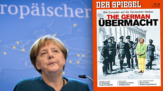 Merkel z oficerami Wehrmachtu na Akropolu.<br />
"Czwarta Rzesza" na okładce "Spiegla"